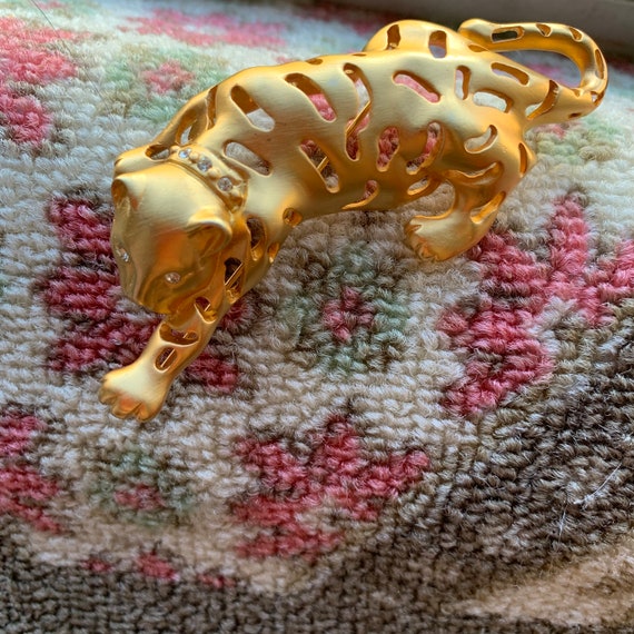Large Crouching Tiger Pin - Crystal Cat Brooch - … - image 3