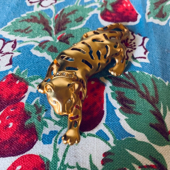 Large Crouching Tiger Pin - Crystal Cat Brooch - … - image 6