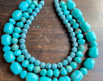 Chunky Turquoise Triple Strand Boho Necklace - Festival Wear Hippie - Bohemian Jewelry - Earthy Rustic - Turquoise Beaded Necklace - AVON