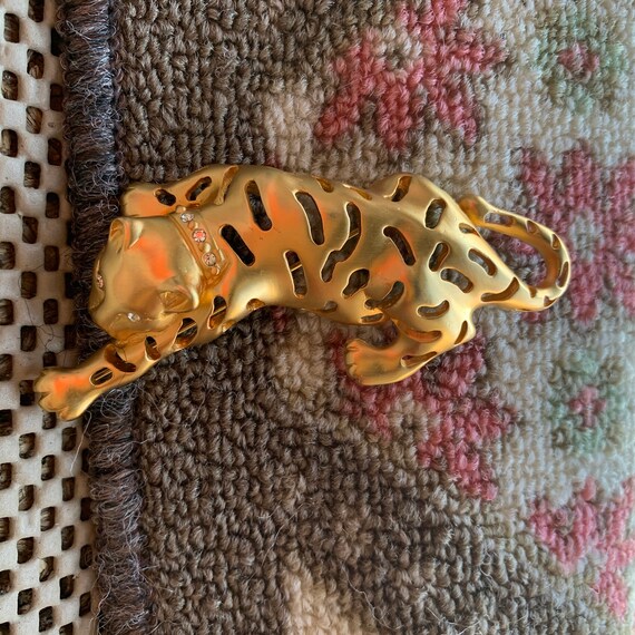 Large Crouching Tiger Pin - Crystal Cat Brooch - … - image 4