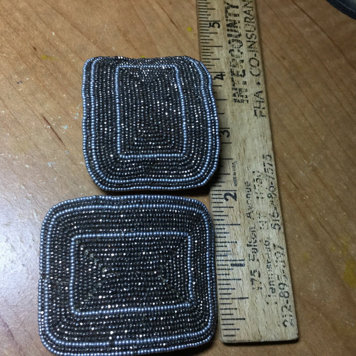 1920's Art Deco Silver & Gray Seed Bead Shoe Clips Silver Shoe