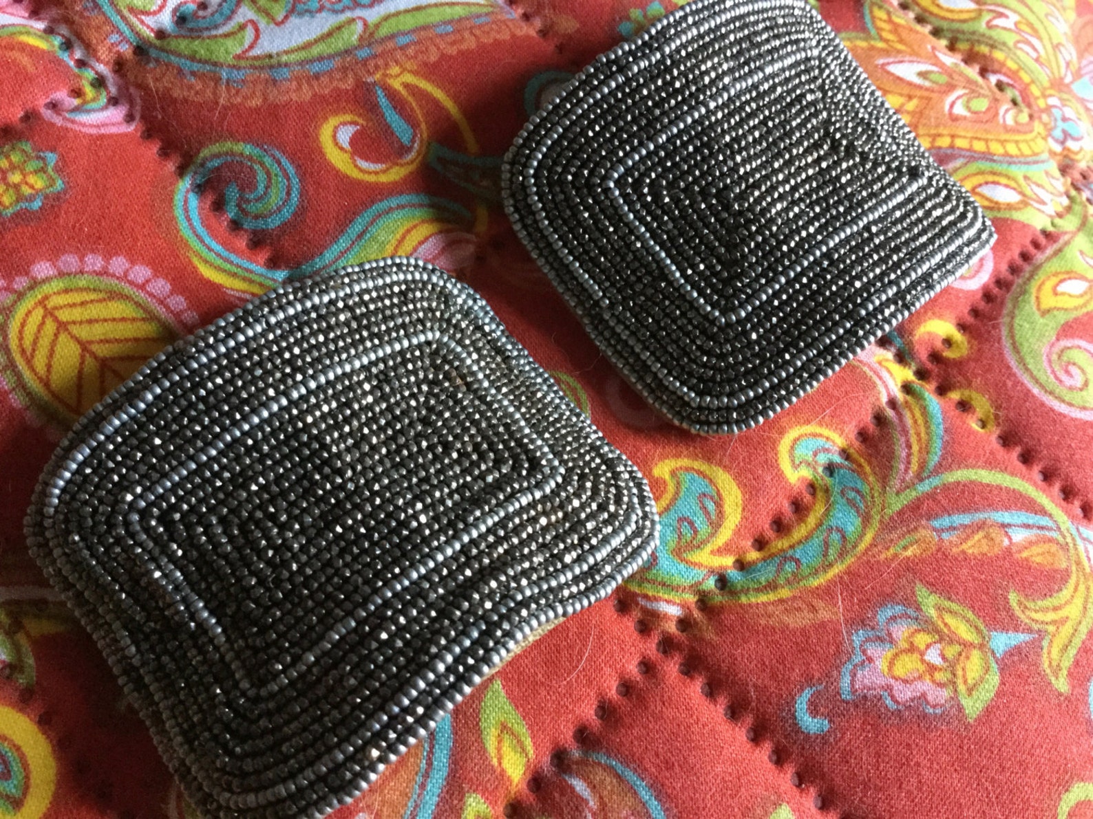 1920's Art Deco Silver & Gray Seed Bead Shoe Clips Silver Shoe