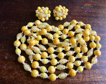 1960's 42" Lemon Yellow Necklace & Clip On Earrings - Hong Kong - Mid-Century Plastic Beads - Festival Wear - Bohemian boho Chic - Hippie