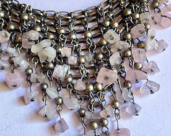 Vint Gem Chip Dangle Bib Necklace - Festival Wear - Boho Jewelry - Natural Earthy - Gift for Her Him - Pink Gemstone Jewelry - Vintage Bride