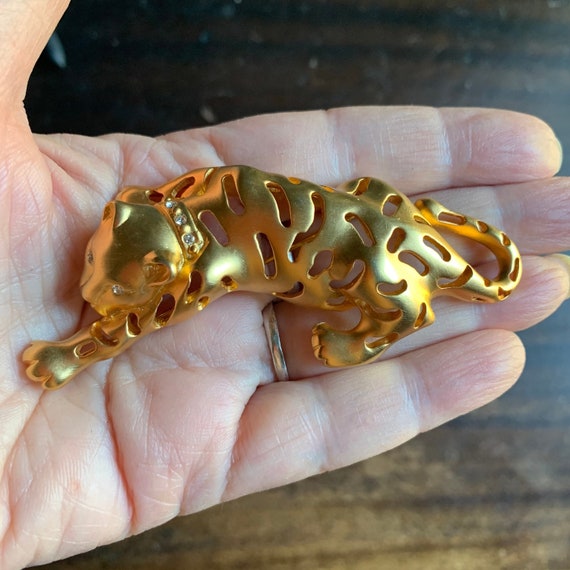 Large Crouching Tiger Pin - Crystal Cat Brooch - … - image 1
