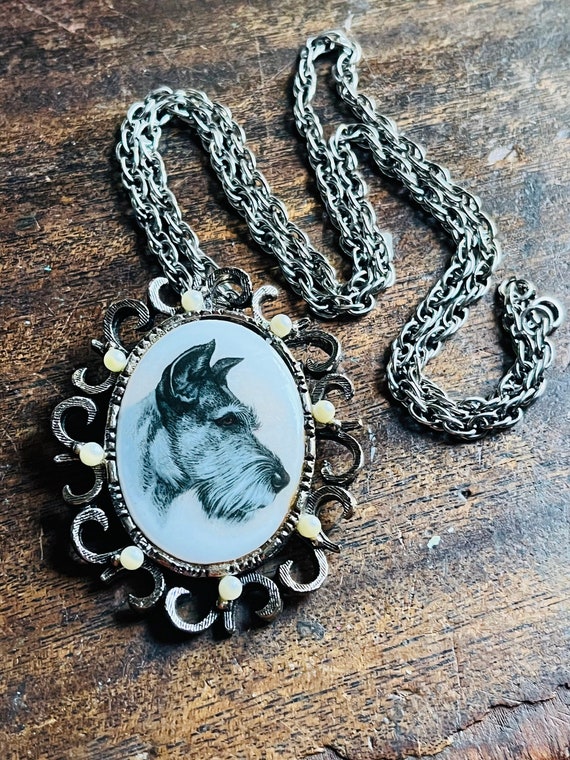 Vint 70s Schnauzer Dog Pin & Pendant Necklace - Sc