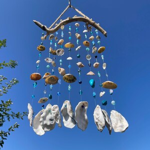 Rustic Natural Sea Shell Wind Chime Mobile ~ Blue Beads ~ Drift Wood Home Garden Decoration