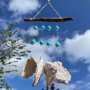 Rustic Oyster Sea Shell Wind Chime Hanging Mobile ~ Natural Drift Wood ~ Seaside Beach Nautical Theme ~ Gift Idea ~ Blue Beads