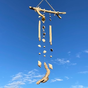 Long Rustic Sea Shell Wind Chime Hanging Mobile ~ Natural Drift Wood ~ Nautical Beach Seaside Theme