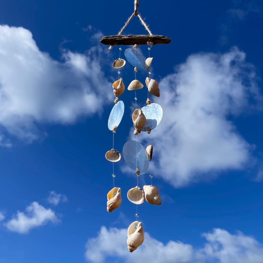 Shell Disc Mobile Rustic Sea Shell Wind Chime Mobile ~ Blue Shell Disc ~ Drift Wood and ...