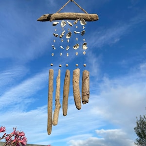 Long Rustic Sea Shell Wind Chime Hanging Mobile ~ Natural Drift Wood ~ Nautical Beach Seaside Theme ~ Garden or Home ~ Gift Idea