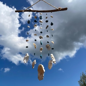 Rustic Sea Shell Wind Chime Hanging Mobile ~ Drift Wood ~ Nautical Beach Seaside Theme ~ Blue Detailed Beads