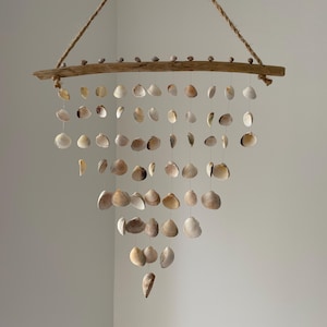 May include: A hanging mobile featuring a horizontal piece of driftwood suspended by a jute rope. Numerous small, light-coloured seashells are attached to the driftwood by thin strings, arranged in a cascading V-shape pattern of varying lengths.