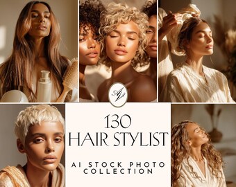 May include: A composite image featuring several women with different hairstyles and skin tones. The image includes text that reads "130 HAIR STYLIST AI STOCK PHOTO COLLECTION."