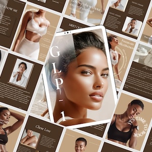 Puede incluir: Un collage de imágenes con un tema de belleza y bienestar. La imagen central presenta el rostro de una mujer, rodeada de materiales promocionales con texto como "GET TO KNOW ME" y "¿Perder peso sin dietas extremas?"