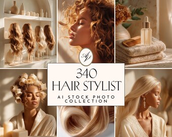 May include: A collection of images featuring hair styling themes. The images include various hairstyles, hair products, and a woman with curlers. The text "340 HAIR STYLIST AI STOCK PHOTO COLLECTION" is displayed.