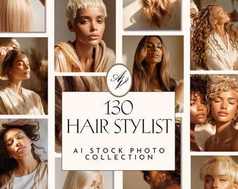 May include: A collage of images featuring diverse models with various hairstyles. The images showcase different hair colors, lengths, and textures, including blonde, brown, and curly styles. The text "130 HAIR STYLIST AI STOCK PHOTO COLLECTION" is displayed in the center.