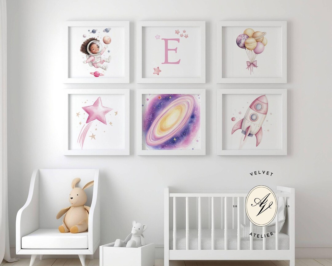 Girly Pink Room Decoration, Set Of6 Space Nursery Wall Art for Baby ...