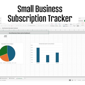 Könnte beinhalten: Screenshot einer Tabellenkalkulation mit dem Titel "Small Business Subscription Tracker". Der Titel ist in großen, fetten, schwarzen Buchstaben geschrieben. Die Tabellenkalkulation enthält Diagramme und Daten, die in einem Raster angezeigt werden.