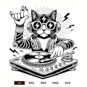 DJ 猫ベクター アート | クールなレトロな猫 DJ 黒と白のデザイン | ヒップホップ猫クリップアート | フェスティバル アート | svg png eps ai pdf