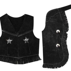 May include: Black suede cowboy vest and chaps with fringe trim and star accents.