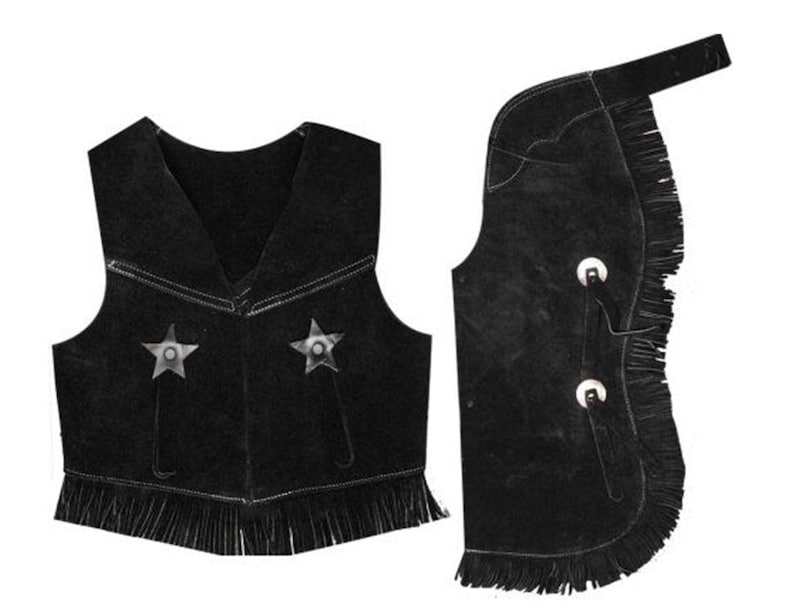 May include: Black suede cowboy vest and chaps with fringe trim and star accents.