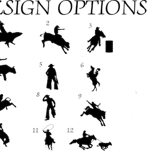 May include: A black and white image showing 12 different design options for a rodeo silhouette. The silhouettes show a cowboy or cowgirl riding a bull or horse. Some of the designs include a barrel, a rope, and a lasso.