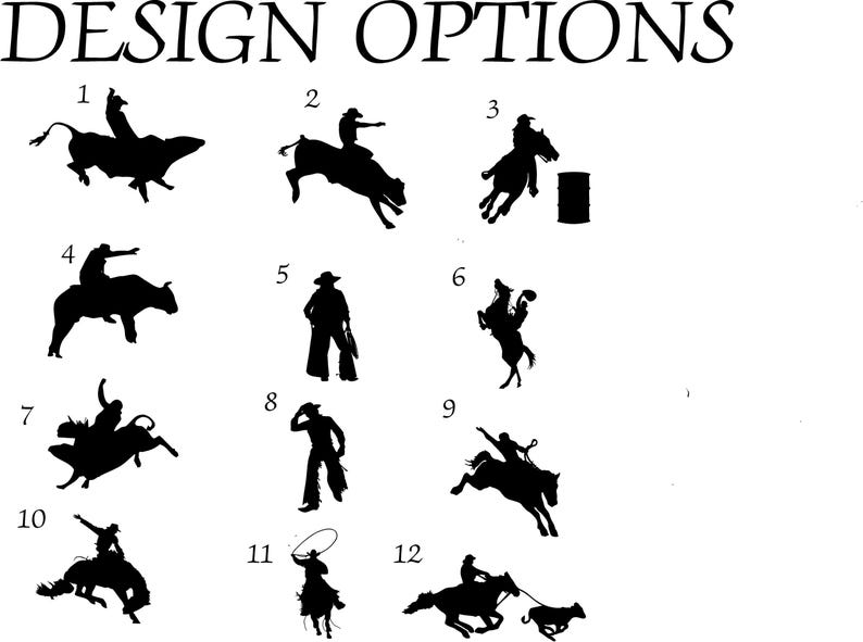 May include: A black and white image showing 12 different design options for a rodeo silhouette. The silhouettes show a cowboy or cowgirl riding a bull or horse. Some of the designs include a barrel, a rope, and a lasso.
