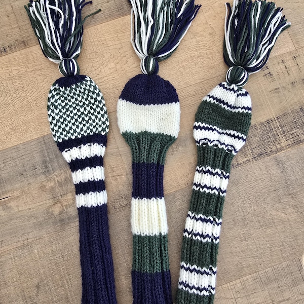 Hand Knit Golf Club Head Covers: Retro Tassel Set of 3