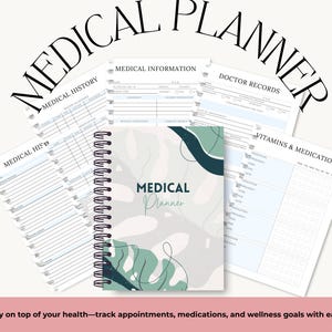 Könnte beinhalten: Ein medizinischer Planer mit Spiralbindung und einem Cover mit minimalistischem Design in Grün- und Grautönen. Das Bild zeigt Seiten für die Krankengeschichte, Arztberichte und Medikamentenverfolgung. Der Text "MEDICAL PLANNER" ist oben zu sehen.