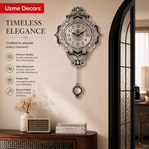May include: A wall clock with an ornate silver and black frame featuring a circular face with black Arabic numerals and a pendulum. The clock displays the text Uzme Decors, Timeless Elegance, Premium Quality, Silent Movement, Perfect Gift, and Easy to Install.
