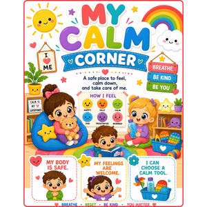 May include: A colorful educational poster titled My Calm Corner featuring cartoon children, a sun, a rainbow, and various emotional regulation tools. The text includes phrases like How I Feel, My Body Is Safe, and My Feelings Are Welcome.