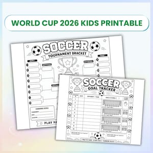 以下が含まれることがあります： 2026年ワールドカップをテーマにした子供用モノクロ印刷セット。トロフィーのイラストが描かれたサッカーのトーナメント表と、試合日、対戦相手、得点数を記録するためのゴールトラッカーシートが含まれています。