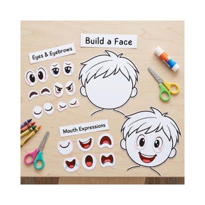 May include: A Build a Face activity set featuring two blank head outlines, various paper cutouts of eyes, eyebrows, and mouth expressions labelled Eyes & Eyebrows and Mouth Expressions, a glue stick, two pairs of scissors, and several crayons.