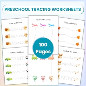 May include: A collection of preschool tracing worksheets featuring 100 pages. Each page displays colorful illustrations like snails, mushrooms, airplanes, ladybugs, leaves, cars, trains, and dogs with dotted lines for children to trace and follow.