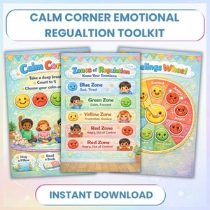 Op de afbeelding: Een kleurrijke educatieve toolkit met de tekst "CALM CORNER EMOTIONAL REGULATION TOOLKIT". De toolkit bevat posters met titels als "Calm Corner", "Zones of Regulation" en "Feelings Wheel", ontworpen om kinderen te helpen emoties te beheersen.