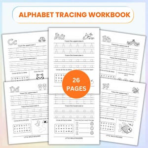 May include: Alphabet tracing workbook with 26 pages. Each page features uppercase and lowercase letters for tracing, along with illustrations of objects starting with each letter. Includes the text "Little Skills Builders".