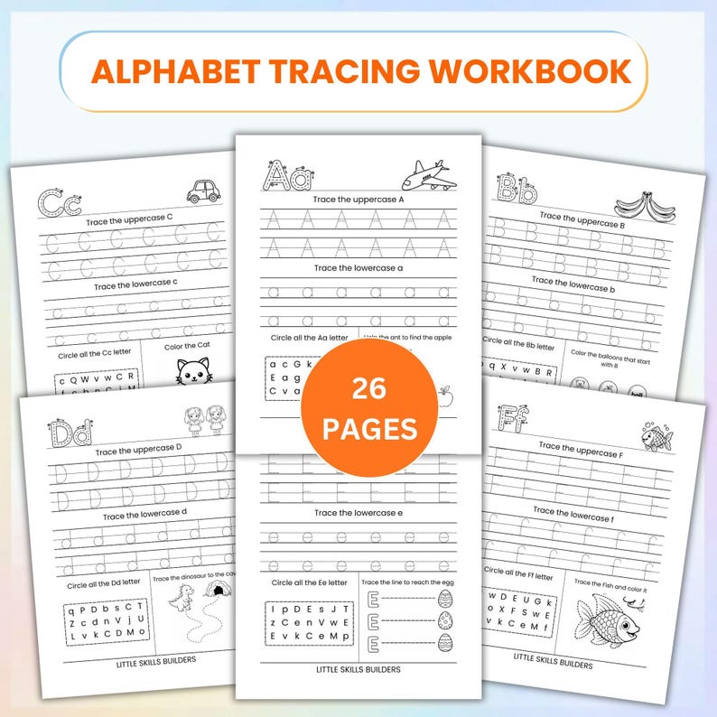 May include: Alphabet tracing workbook with 26 pages. Each page features uppercase and lowercase letters for tracing, along with illustrations of objects starting with each letter. Includes the text "Little Skills Builders".