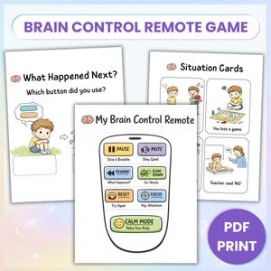 Könnte beinhalten: Ein farbenfroher PDF-Druck mit dem Titel "Brain Control Remote Game" mit Illustrationen und Text. Das Spiel enthält Karten mit Szenarien und eine Fernbedienungsgrafik mit Tasten wie "Pause", "Mute" und "Calm Mode". Der Text "PDF PRINT" ist ebenfalls sichtbar.