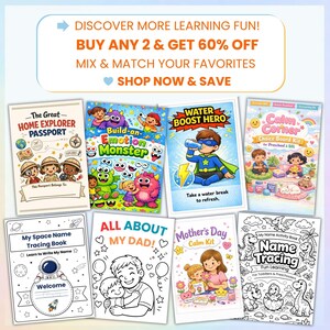 May include: An assortment of children's activity books and kits, including a passport, emotion monster, and name tracing book. The image features colorful illustrations and text such as "Discover More Learning Fun!" and "Shop Now & Save."