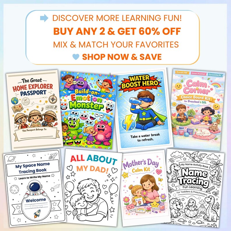 May include: An assortment of children's activity books and kits, including a passport, emotion monster, and name tracing book. The image features colorful illustrations and text such as "Discover More Learning Fun!" and "Shop Now & Save."