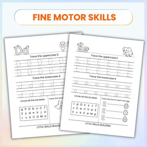 May include: Two white worksheets with handwriting practice for the letters D and E. The worksheets include tracing uppercase and lowercase letters, circling letters, and tracing lines. The text "FINE MOTOR SKILLS" is at the top.