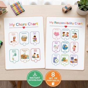 Op de afbeelding: Twee witte kaarten met de titels My Chore Chart en My Responsibility Chart met kleurrijke illustraties en tekst voor dagelijkse taken. De takenkaart bevat schoonmaken, de was doen, huisdieren voeren, planten water geven en speelgoed opruimen.