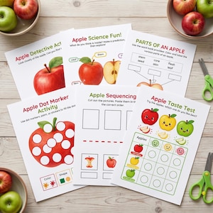 May include: A collection of six educational activity sheets featuring apple-themed tasks like labelling parts, sequencing, and taste testing. The white papers include colourful illustrations of red, yellow, and green apples, along with text prompts and blank spaces for writing or drawing.