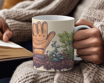 Gardener's Coffee Mug: Hand-Drawn Plants & Gloves - 11 Oz