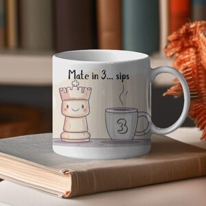 Mate in 3... Sips Chess Mug, Funny Minimalist Coffee Mug for Chess Lovers, Hand-Drawn Cartoon King, Gift for Chess Players