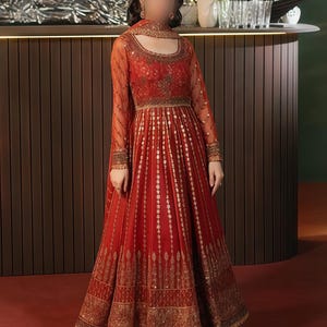 Embroidered Net 3-Piece Dress - Red Bridal Maxi - Formal Pakistani Outfit - Wedding Wear