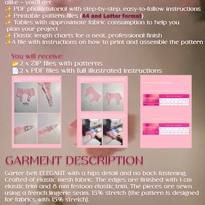 May include: A digital sewing pattern information sheet for a garter belt. The document includes text, lists of included files, and small instructional photos showing pink fabric assembly. It specifies 1 cm and 8 mm elastic trim requirements.