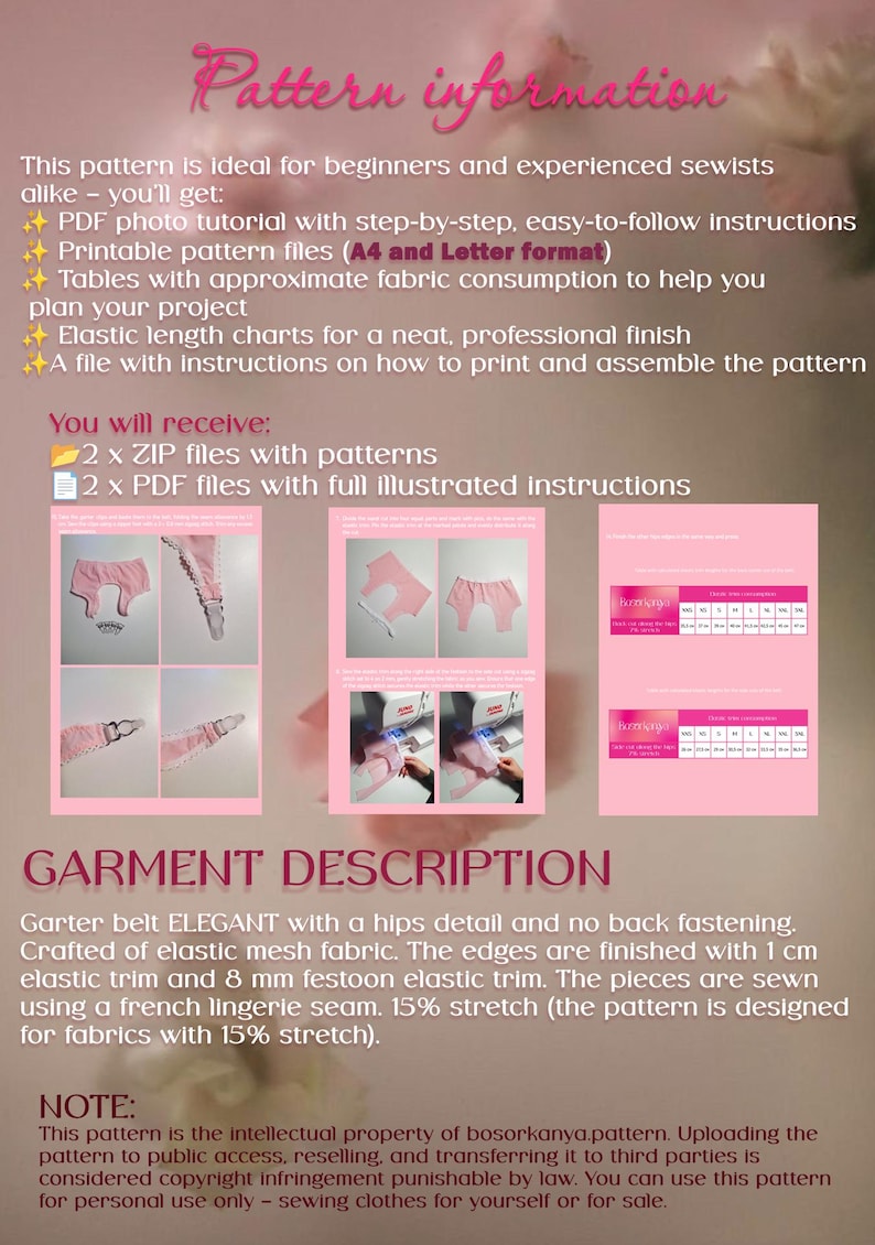 May include: A digital sewing pattern information sheet for a garter belt. The document includes text, lists of included files, and small instructional photos showing pink fabric assembly. It specifies 1 cm and 8 mm elastic trim requirements.