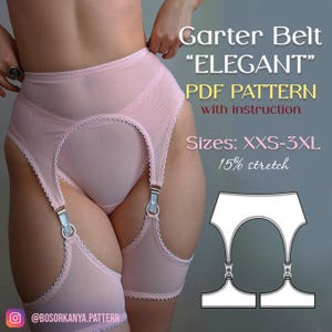 May include: A light pink garter belt with the text "Garter Belt 'ELEGANT' PDF PATTERN with instruction". The garter belt has a delicate design with white trim and silver-colored metal clasps. Sizes available: XXS-3XL, 15% stretch.